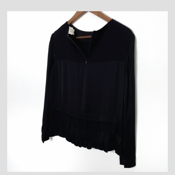 Kate Spade Blouse Long Sleeve Crepe Fabric Top Ruffle Hem Zip Back Black Sz XXS - Picture 5 of 11